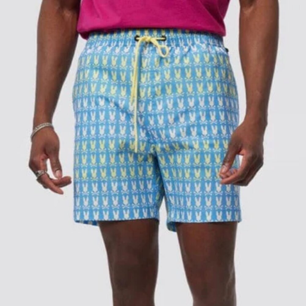 Psycho Bunny Barker All Over Print Swim Trunk Cool Blue XXL NWT